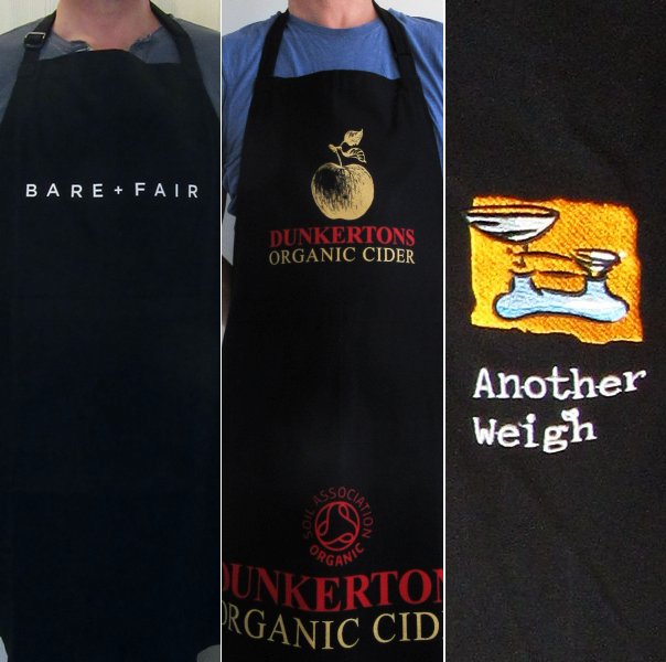 montage of finished fairtrade organic aprons including Christian Aid, Ecover, Glastonbury Festival, Ed Sheeran