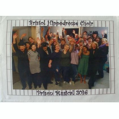 fair trade organic cotton tea towel with digital print of the Bristol Hippodrome Choir for their 2016 Prison Musical performance